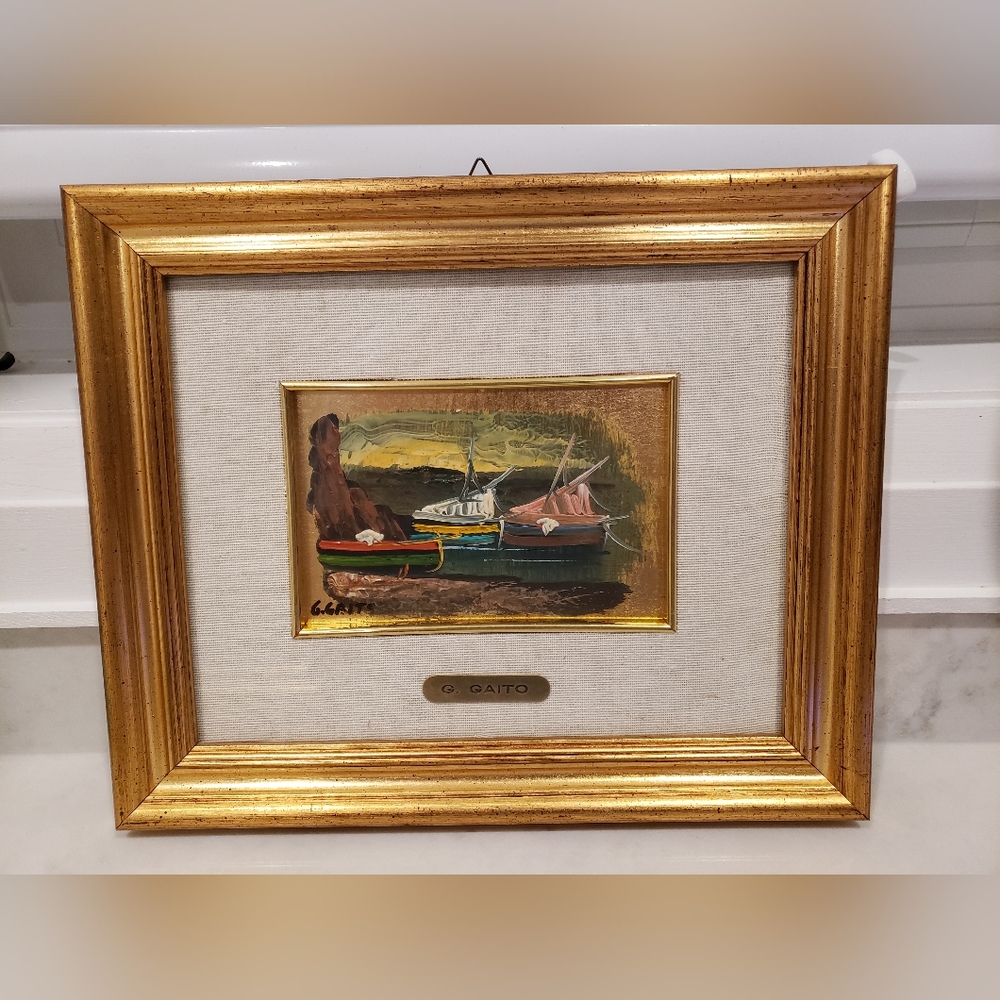 Antique gold leaf painting and frame by G. Gaito. Sailing boat scene